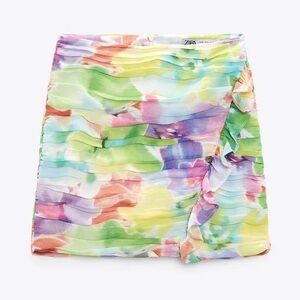 ZARA Pastel Tie-Dye Watercolor Print Ruffle Mini Skirt